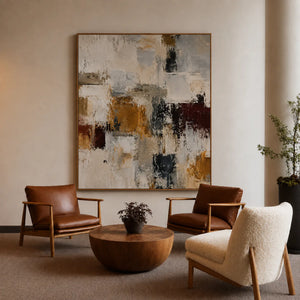 Ochre and Burgundy Blocks on Ivory Abstract Wall Art styled interior scene 4 | OILDECO