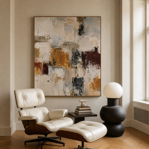 Ochre and Burgundy Blocks on Ivory Abstract Wall Art styled interior scene 5 | OILDECO