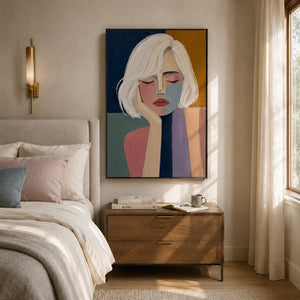 Blonde Reverie Portrait Wall Art displayed above a sofa in a neutral interior | Oildeco