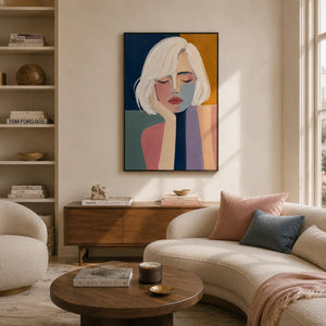 Blonde Reverie Portrait Wall Art styled in a contemporary entryway | Oildeco