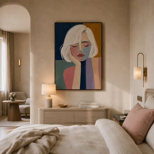 Blonde Reverie Portrait Wall Art shown in a calm bedroom setting | Oildeco