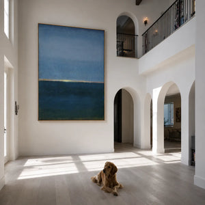 Blue Stillness with a Golden Horizon Wall Art styled interior scene 3 | OILDECO