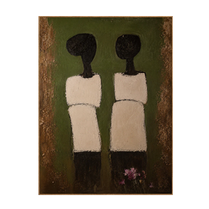 Two Cream-Clad Figures on Olive Green Wall Art | OILDECO