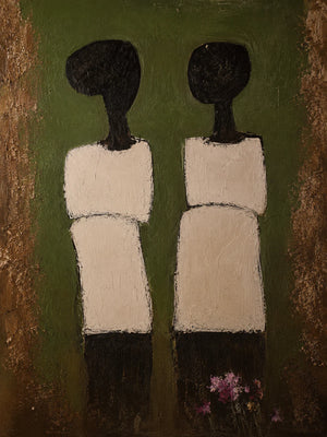 Two Cream-Clad Figures on Olive Green Wall Art artwork view | OILDECO
