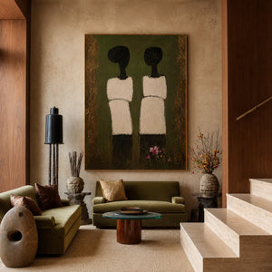 Two Cream-Clad Figures on Olive Green Wall Art styled interior scene 2 | OILDECO