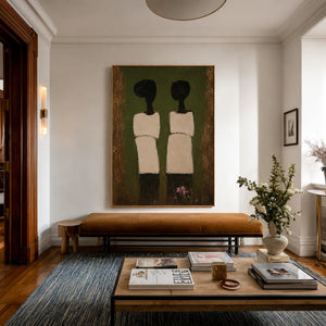 Two Cream-Clad Figures on Olive Green Wall Art styled interior scene 4 | OILDECO
