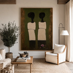 Two Cream-Clad Figures on Olive Green Wall Art styled interior scene 5 | OILDECO