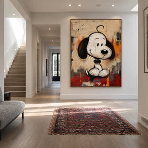 Black-Eared Cartoon Puppy on a Colorful Ground Wall Art styled interior scene 1 | OILDECO