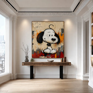 Black-Eared Cartoon Puppy on a Colorful Ground Wall Art styled interior scene 2 | OILDECO