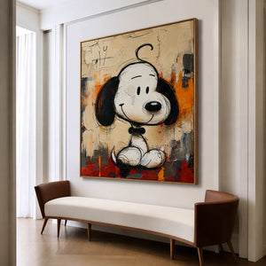 Black-Eared Cartoon Puppy on a Colorful Ground Wall Art styled interior scene 3 | OILDECO