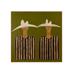 Two White Hats and Striped Shirts on Olive Wall Art | OILDECO