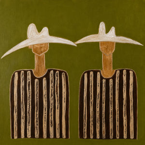 Two White Hats and Striped Shirts on Olive Wall Art artwork view | OILDECO