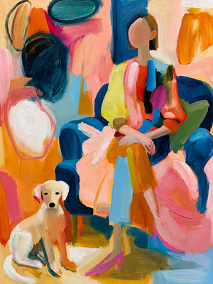 Colorful Seated Figure with a Golden Dog Wall Art artwork view | OILDECO
