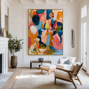Colorful Seated Figure with a Golden Dog Wall Art styled interior scene 1 | OILDECO