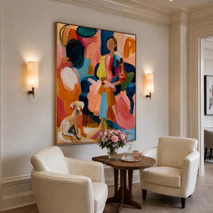 Colorful Seated Figure with a Golden Dog Wall Art styled interior scene 4 | OILDECO