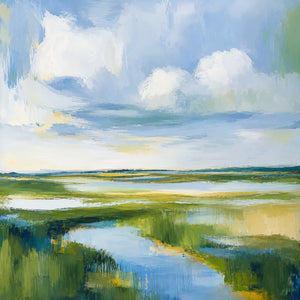Clouds above a Winding Marsh Waterway Wall Art artwork view | OILDECO