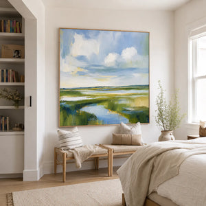 Clouds above a Winding Marsh Waterway Wall Art styled interior scene 1 | OILDECO