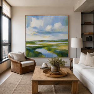 Clouds above a Winding Marsh Waterway Wall Art styled interior scene 2 | OILDECO