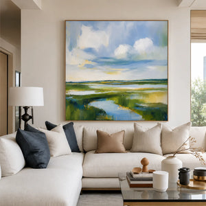Clouds above a Winding Marsh Waterway Wall Art styled interior scene 3 | OILDECO