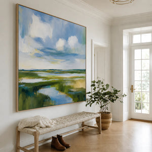 Clouds above a Winding Marsh Waterway Wall Art styled interior scene 4 | OILDECO