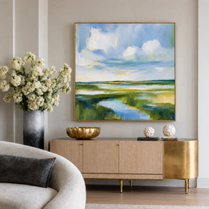 Clouds above a Winding Marsh Waterway Wall Art styled interior scene 5 | OILDECO