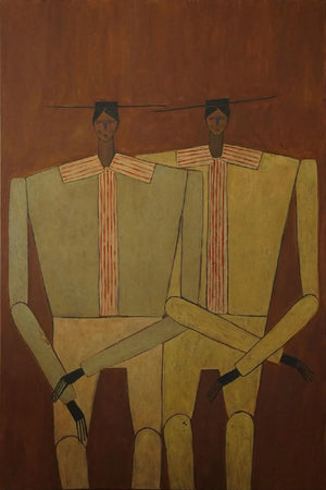 Two Seated Figures in Ochre and Olive Wall Art artwork view | OILDECO