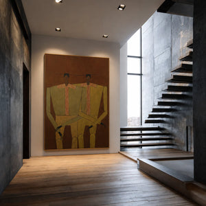 Two Seated Figures in Ochre and Olive Wall Art styled interior scene 1 | OILDECO