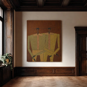 Two Seated Figures in Ochre and Olive Wall Art styled interior scene 2 | OILDECO