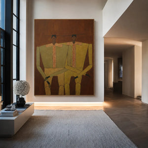 Two Seated Figures in Ochre and Olive Wall Art styled interior scene 3 | OILDECO