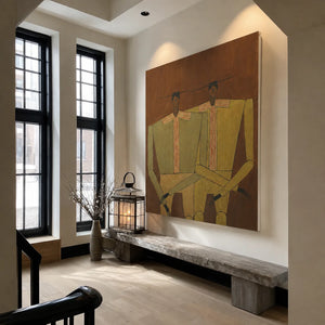Two Seated Figures in Ochre and Olive Wall Art styled interior scene 4 | OILDECO