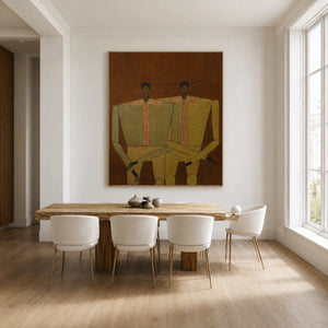 Two Seated Figures in Ochre and Olive Wall Art styled interior scene 5 | OILDECO