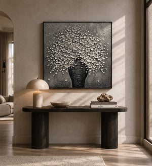 Silver Blossom Vase Wall Art shown in a calm bedroom setting | Oildeco