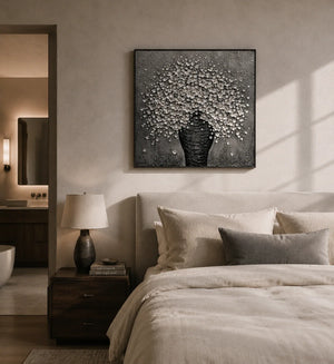 Silver Blossom Vase Wall Art styled in a contemporary entryway | Oildeco