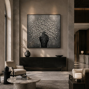 Silver Blossom Vase Wall Art displayed in a bright dining room | Oildeco