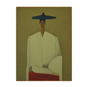 Seated Figure in Cream with a Wide Blue Hat Wall Art | OILDECO