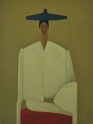 Seated Figure in Cream with a Wide Blue Hat Wall Art artwork view | OILDECO