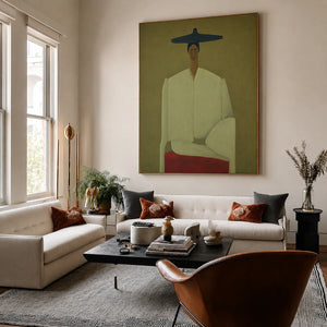 Seated Figure in Cream with a Wide Blue Hat Wall Art styled interior scene 1 | OILDECO