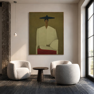 Seated Figure in Cream with a Wide Blue Hat Wall Art styled interior scene 2 | OILDECO