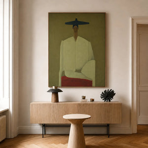 Seated Figure in Cream with a Wide Blue Hat Wall Art styled interior scene 3 | OILDECO