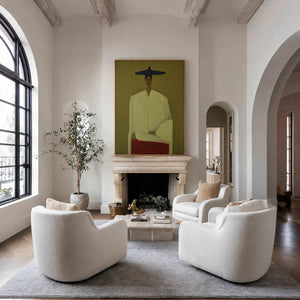 Seated Figure in Cream with a Wide Blue Hat Wall Art styled interior scene 5 | OILDECO