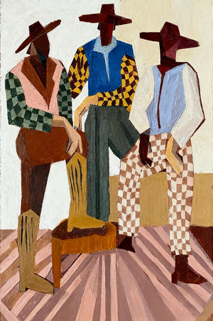 Three Hat-Wearing Figures in Colorful Checks Wall Art artwork view | OILDECO
