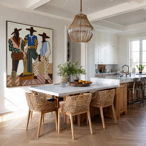Three Hat-Wearing Figures in Colorful Checks Wall Art styled interior scene 1 | OILDECO