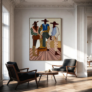 Three Hat-Wearing Figures in Colorful Checks Wall Art styled interior scene 2 | OILDECO