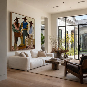 Three Hat-Wearing Figures in Colorful Checks Wall Art styled interior scene 3 | OILDECO