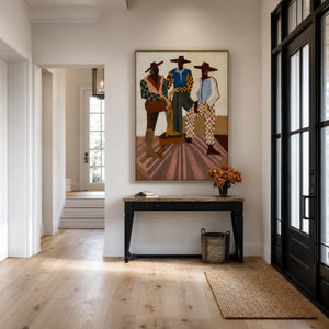 Three Hat-Wearing Figures in Colorful Checks Wall Art styled interior scene 4 | OILDECO