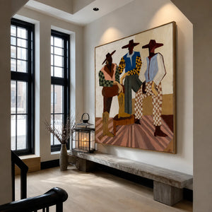 Three Hat-Wearing Figures in Colorful Checks Wall Art styled interior scene 5 | OILDECO