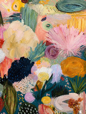 Pink Fan Flowers and Golden Blooms Wall Art artwork view | OILDECO
