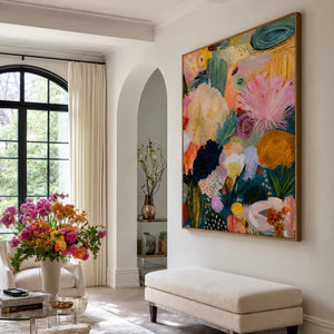 Pink Fan Flowers and Golden Blooms Wall Art styled interior scene 1 | OILDECO
