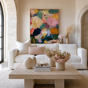 Pink Fan Flowers and Golden Blooms Wall Art styled interior scene 2 | OILDECO