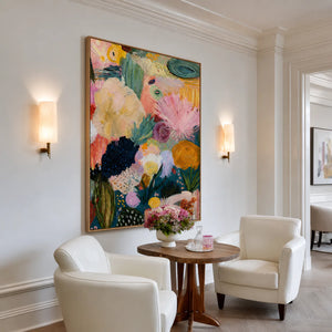 Pink Fan Flowers and Golden Blooms Wall Art styled interior scene 3 | OILDECO